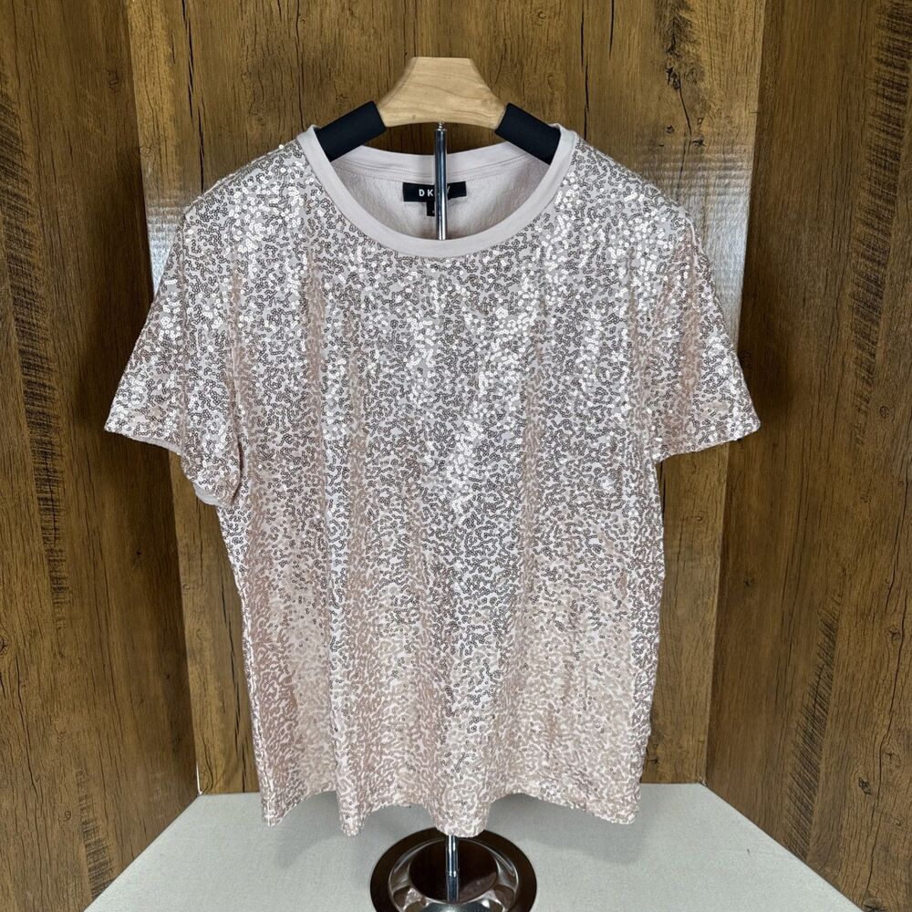 DKNY Womens XL Blush Pink All Over Sequin Short Sleeve T-Shirt Party Top